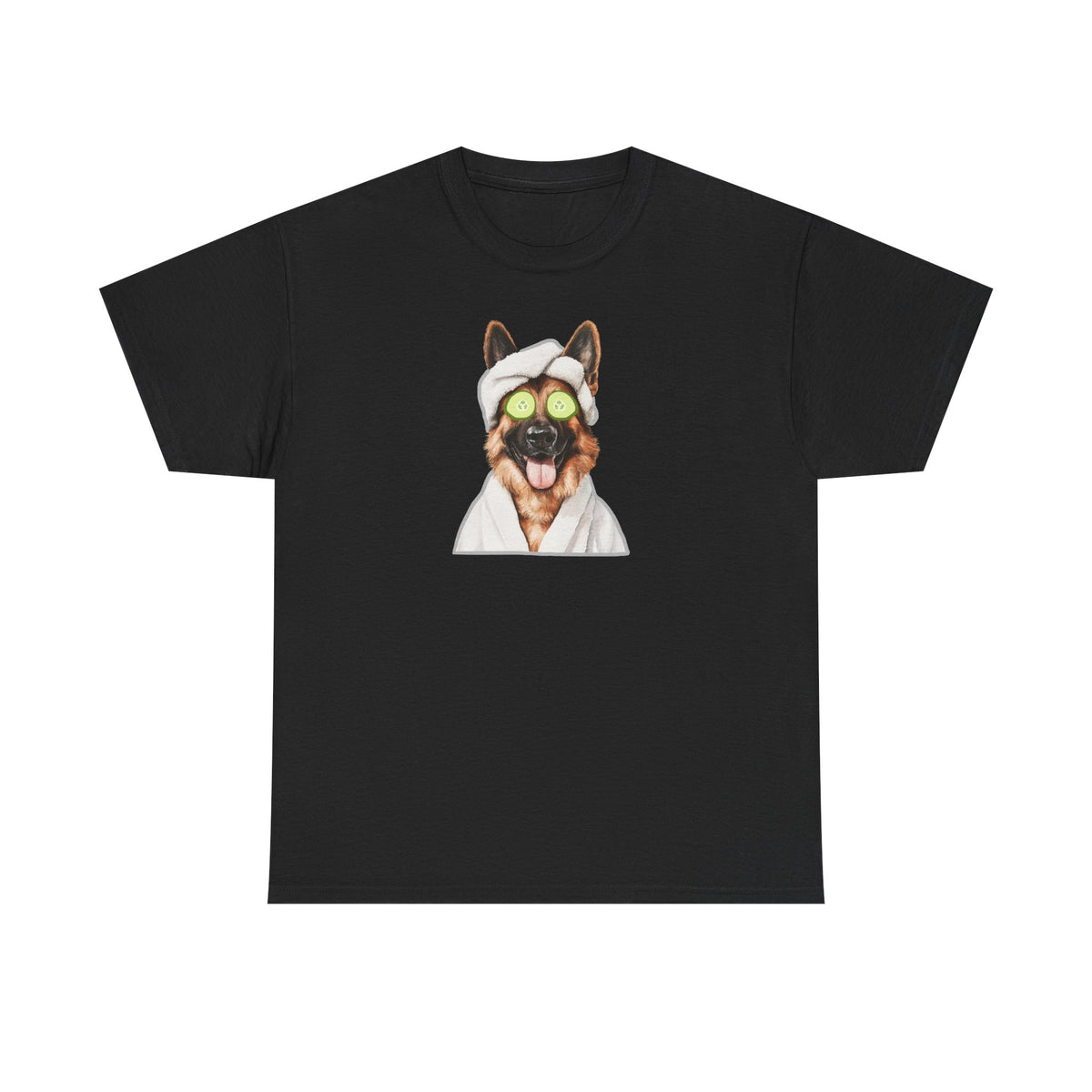 Black Spa Time German Shepherd t-shirt, dog with cucumber eyes and hair towel