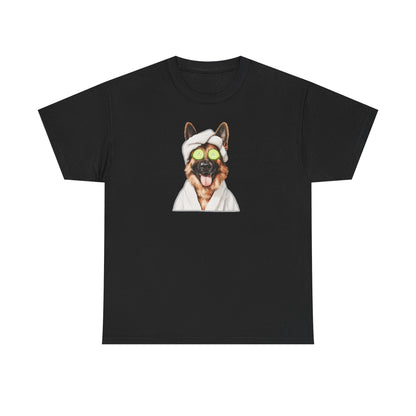 Black Spa Time German Shepherd t-shirt, dog with cucumber eyes and hair towel