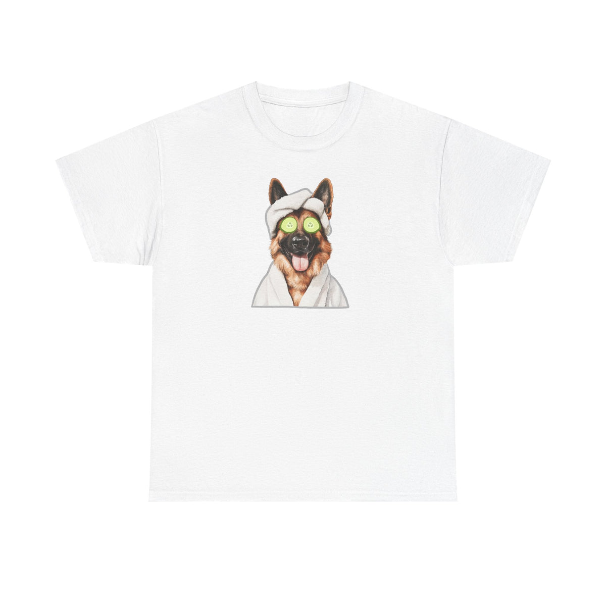 White t-shirt with funny German Shepherd in face mask, cucumber slices and spa towel