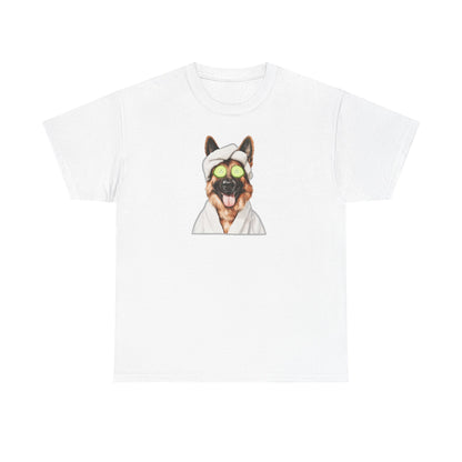 White t-shirt with funny German Shepherd in face mask, cucumber slices and spa towel