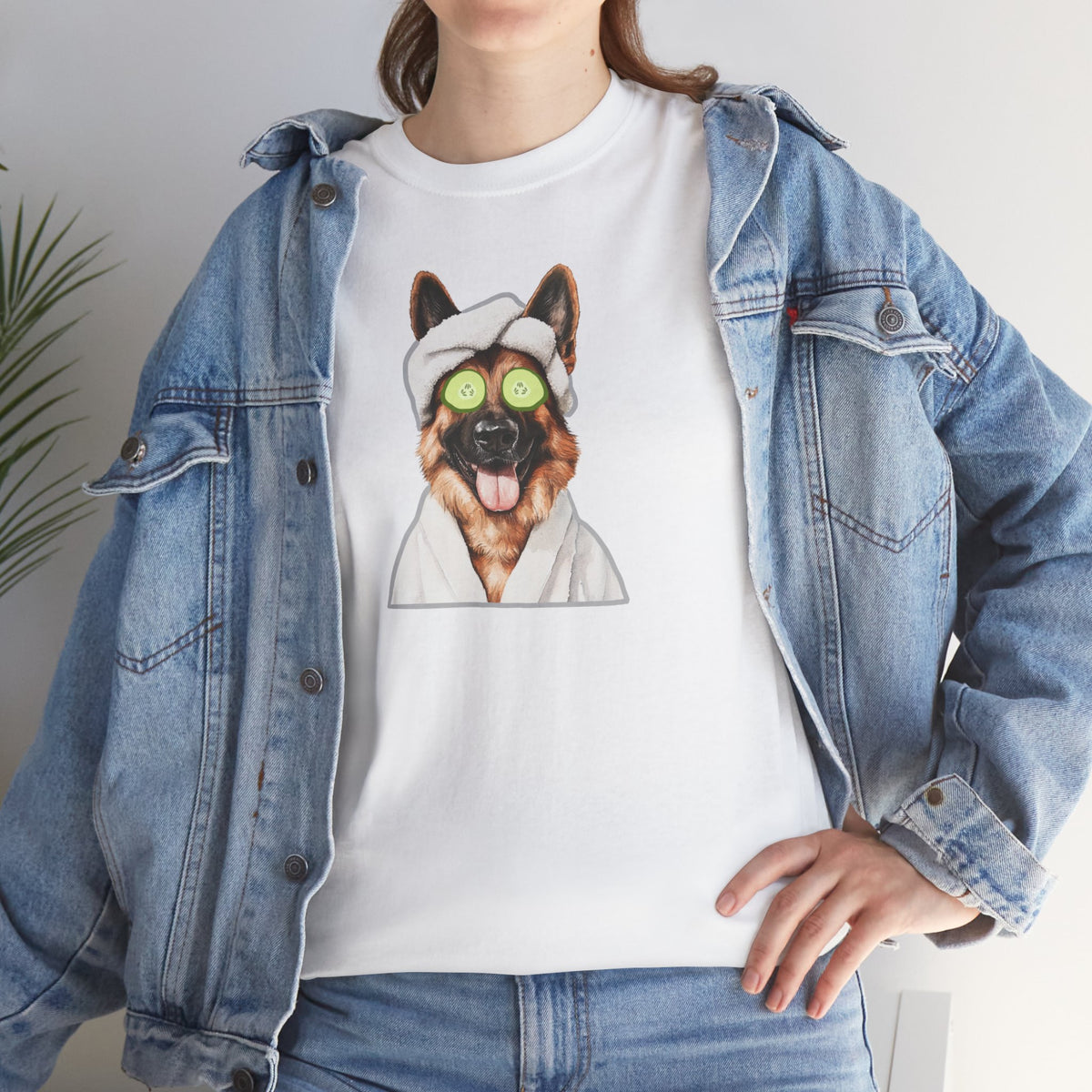 Woman wearing white Spa Time German Shepherd t-shirt with denim jacket