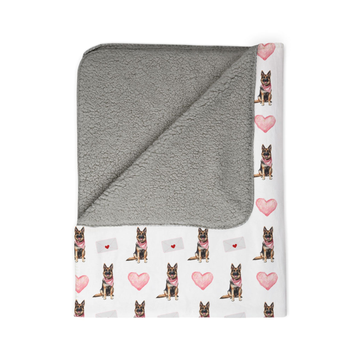 German Shepherd Valentine's blanket with pink hearts folded showing gray backing