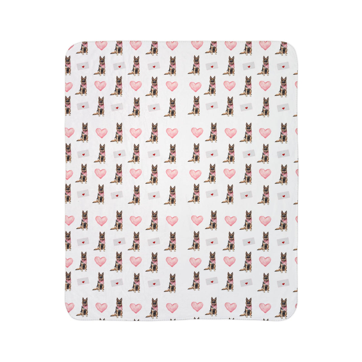 Close-up of German Shepherd Valentine's blanket pattern with pink hearts and love letters
