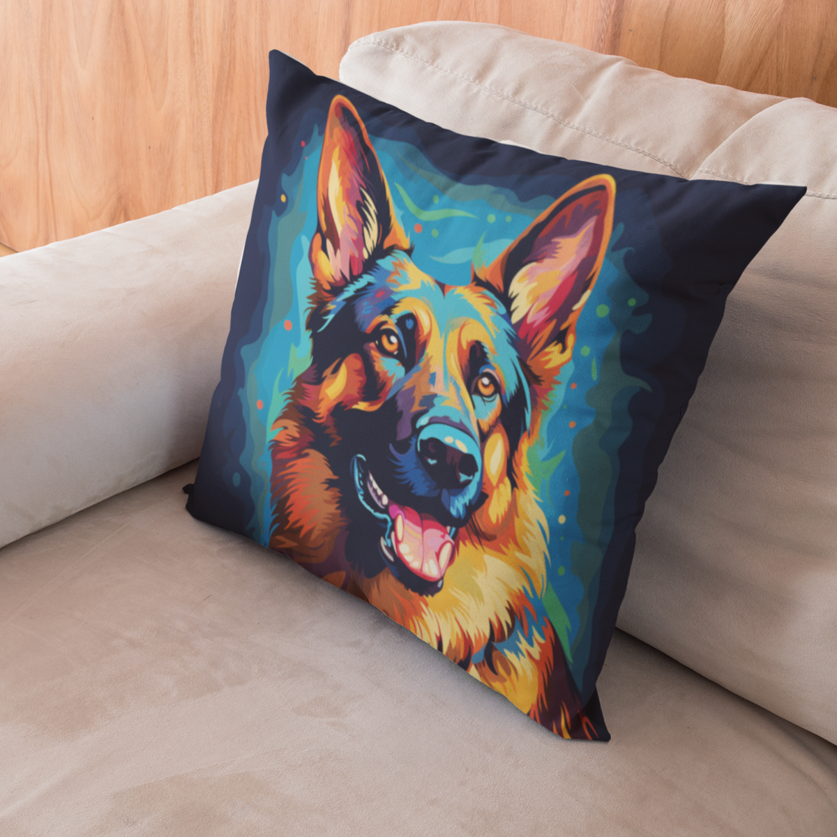 A square-shaped pillow with a colorful abstract print of a German Shepherd dog's face on a blue background, placed on a beige sofa cushion.