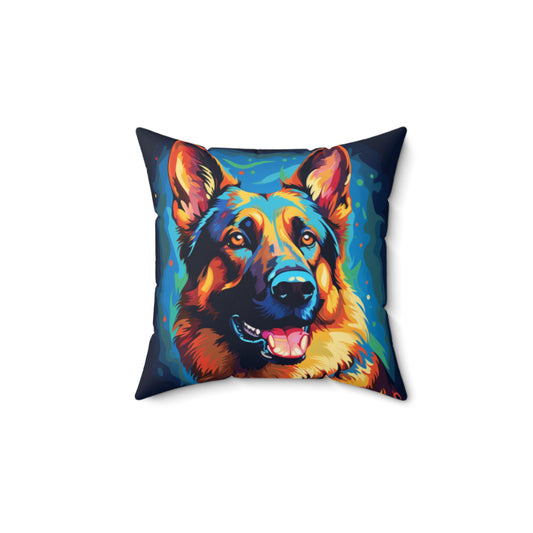 Blue watercolor German Shepherd pillow shown against a white background