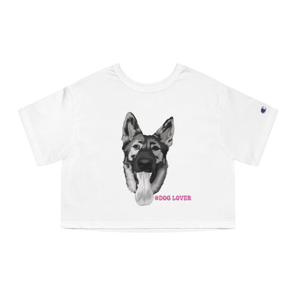White women's crop top with German Shepherd sketch and pink Dog Lover text