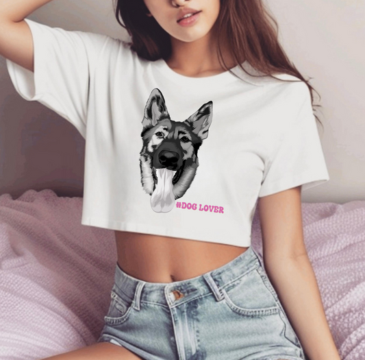Woman wearing white German Shepherd Dog Lover crop top with sketch dog portrait
