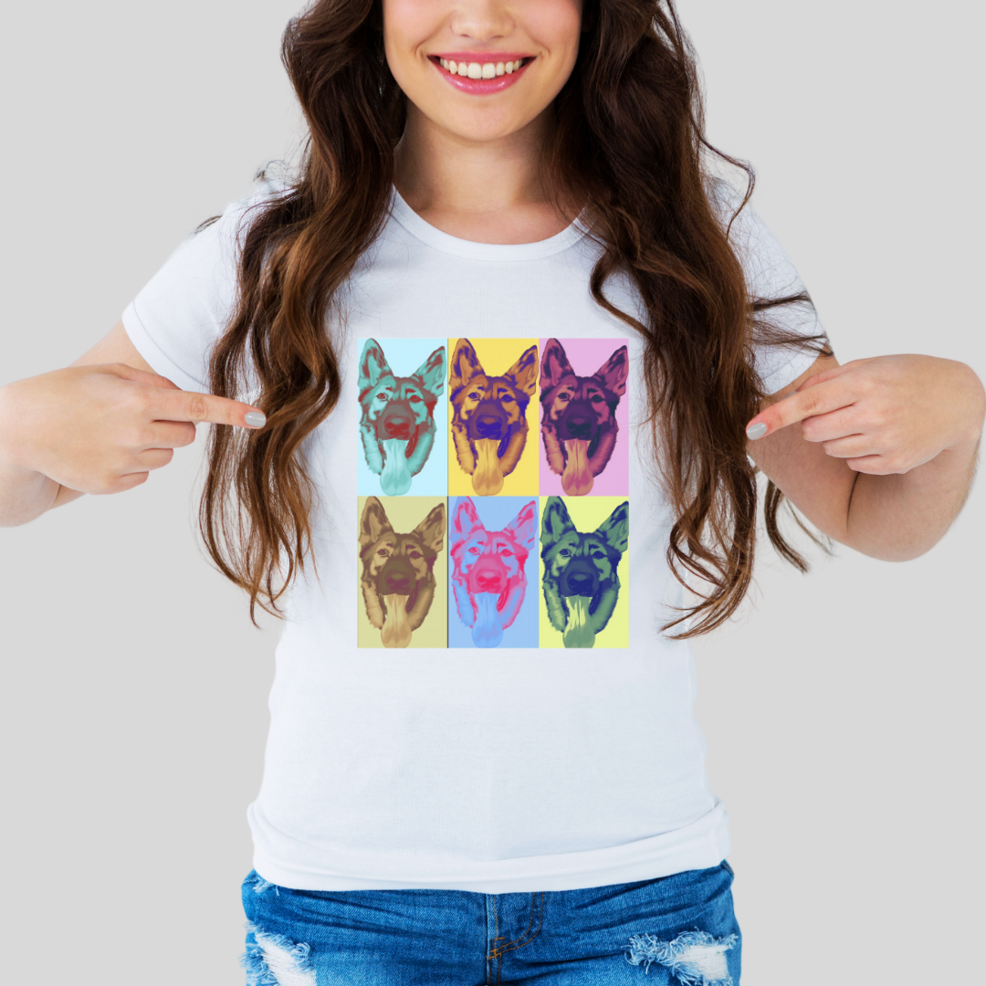 Woman wearing white German Shepherd pop art t-shirt with six colorful dog portraits