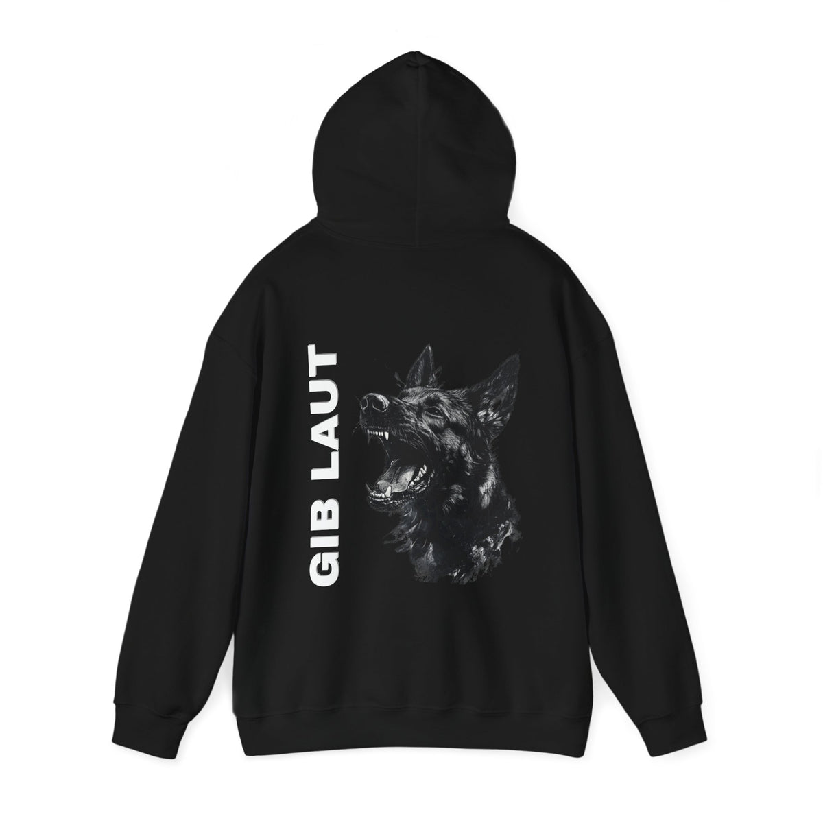 Back detail of black Gib Laut German Shepherd hoodie