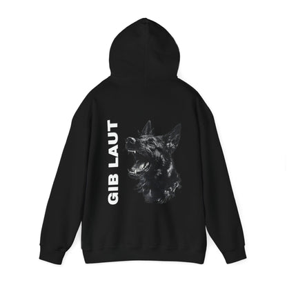 Back detail of black Gib Laut German Shepherd hoodie