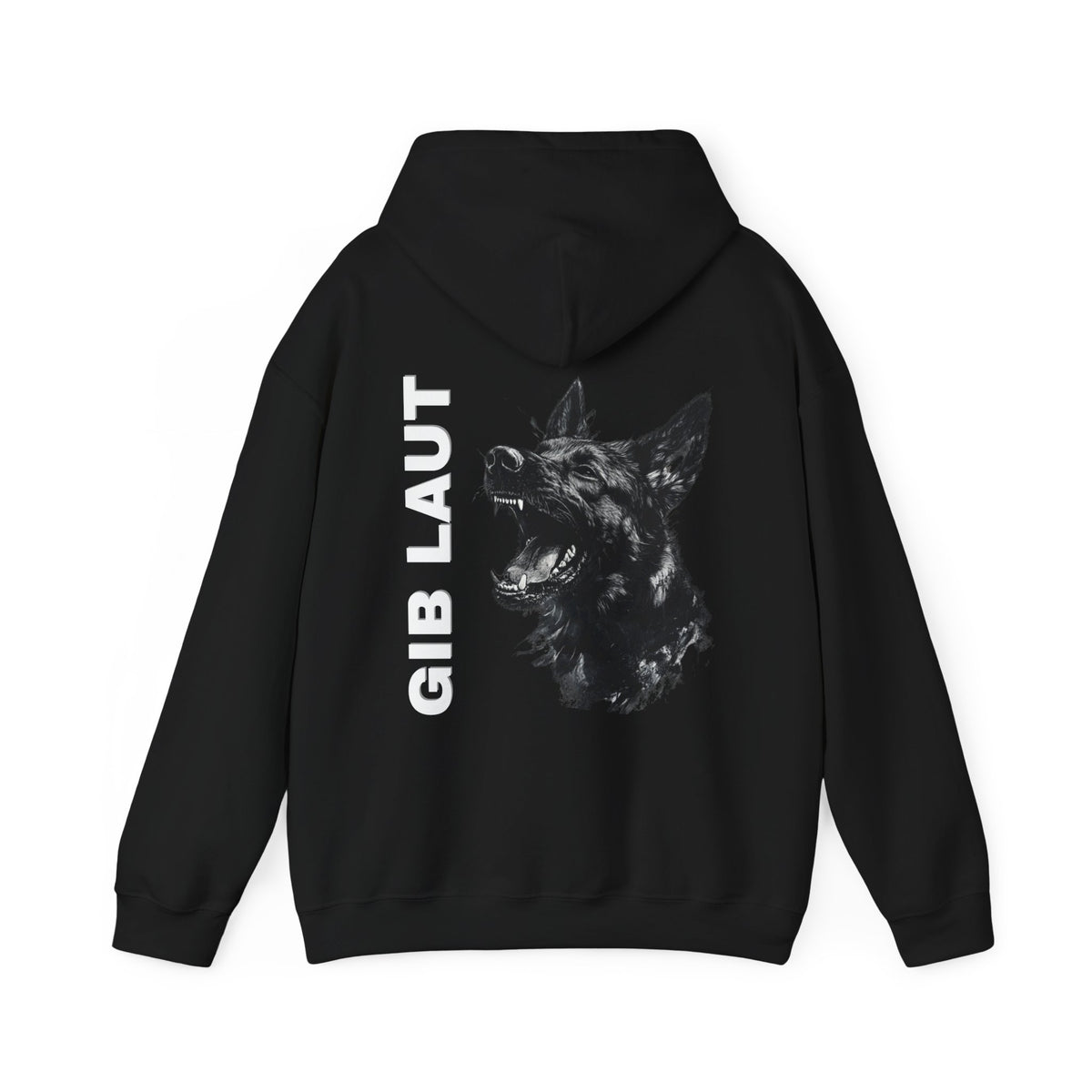 Back view of black Gib Laut German Shepherd hoodie with German command design