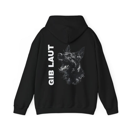 Back view of black Gib Laut German Shepherd hoodie with German command design
