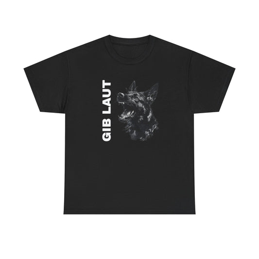 Black Gib Laut German command t-shirt with barking German Shepherd graphic
