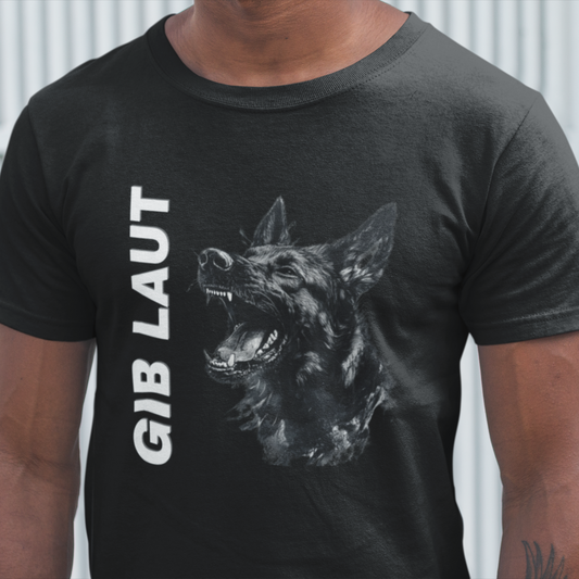 Man wearing black Gib Laut German Shepherd t-shirt with barking dog, German speak command