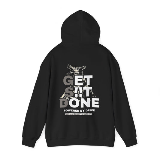 Back detail of black GSD Get It Done German Shepherd hoodie