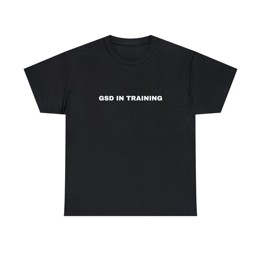 Black men's GSD In Training t-shirt with small chest text, front view