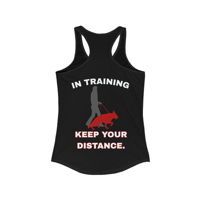 Back view of black Keep Your Distance German Shepherd training women's racerback tank top