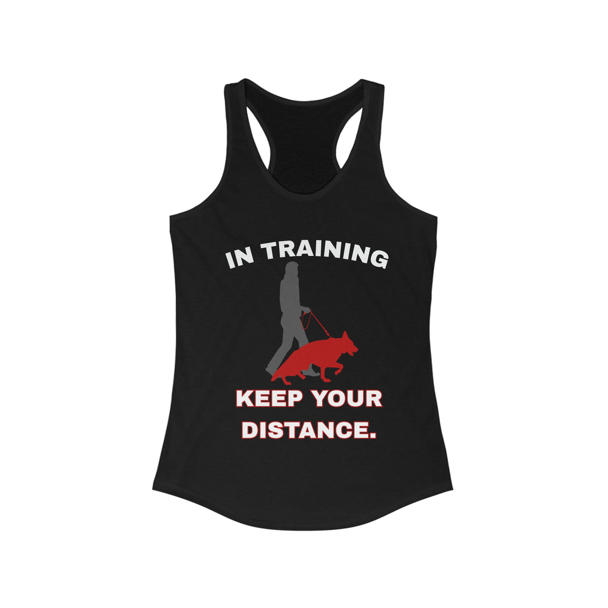 Front of black women's racerback tank top with handler and red German Shepherd, In Training text