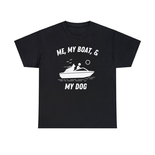 Black Me My Boat and My Dog t-shirt with German Shepherd on boat graphic, boating tee
