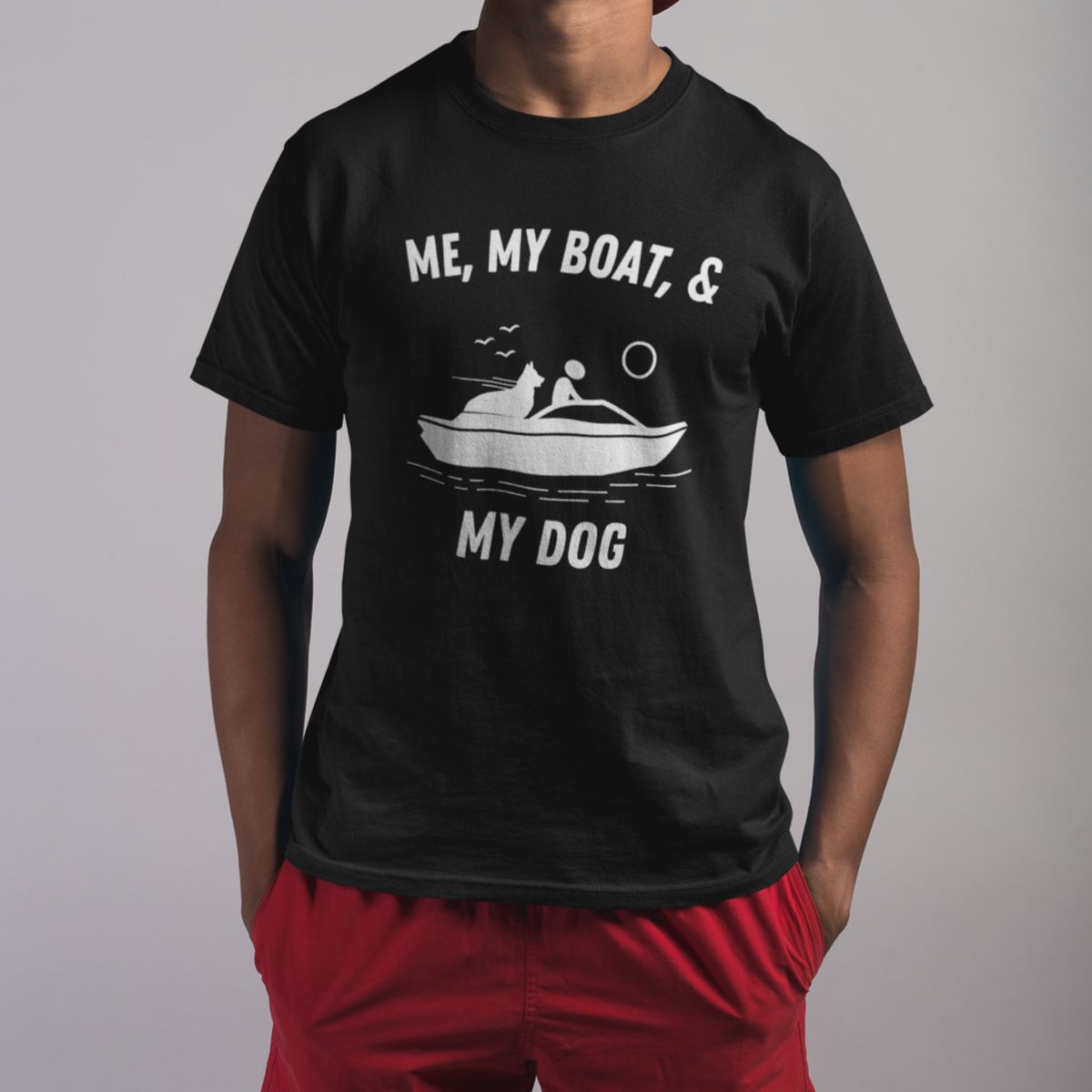 Man wearing black Me My Boat and My Dog German Shepherd t-shirt, front view