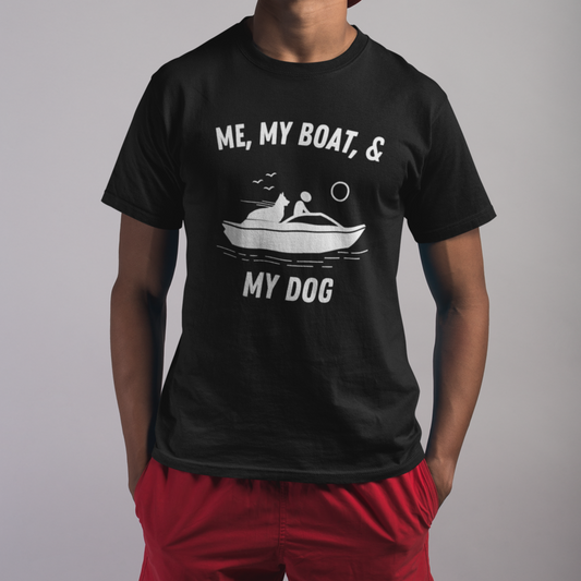 Man wearing black Me My Boat and My Dog German Shepherd t-shirt, front view