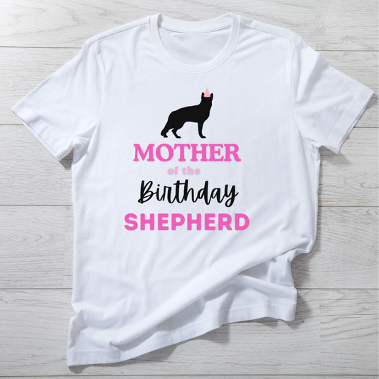 Mother of the Birthday Shepherd t-shirt styled on textured background