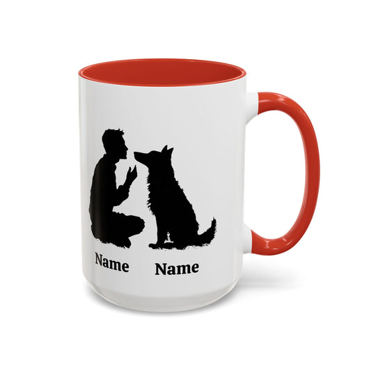 Custom German Shepherd dad coffee mug with dog silhouette and names, red inside and handle, 15 oz