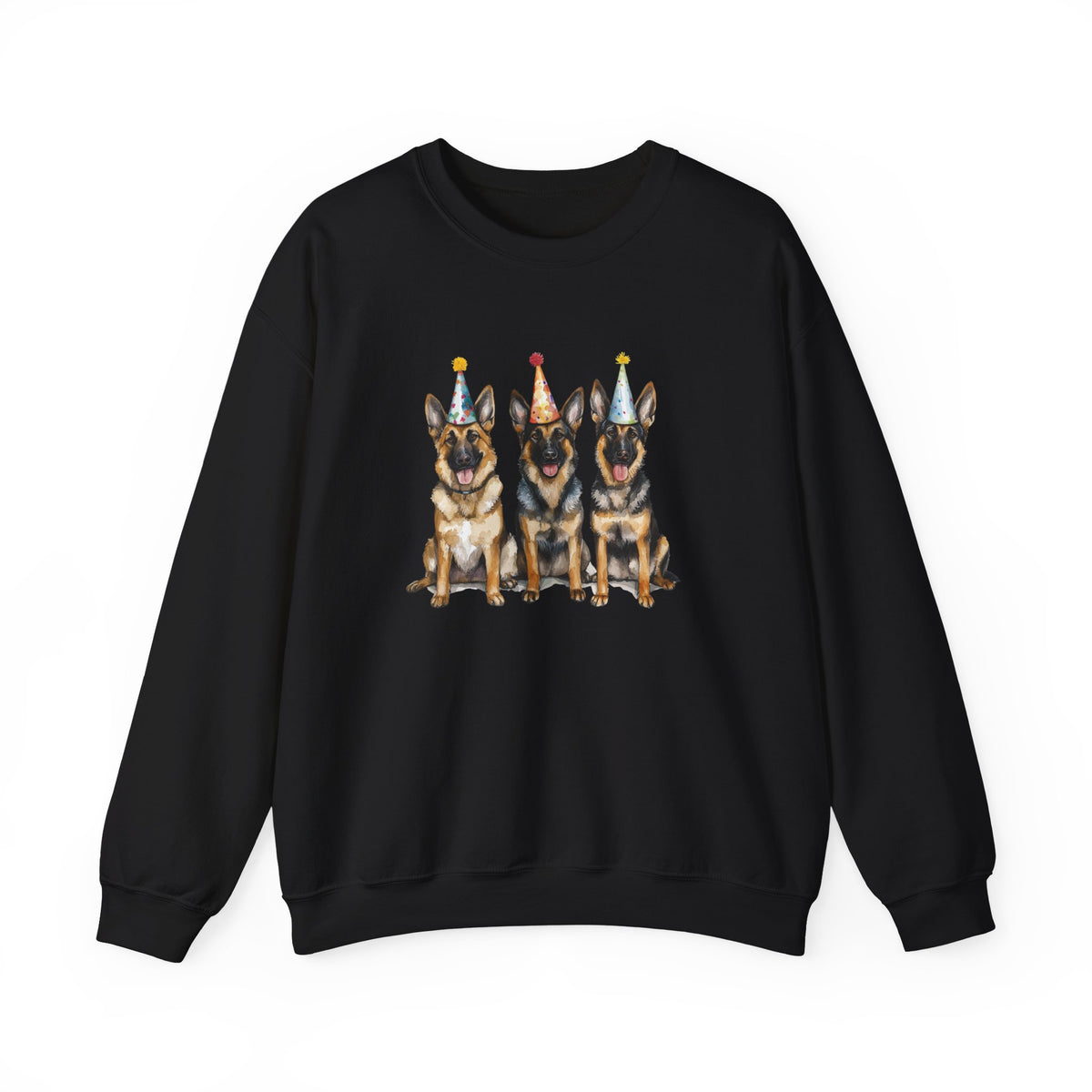 Black birthday sweatshirt with three German Shepherds in party hats on white background