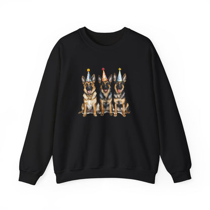 Black birthday sweatshirt with three German Shepherds in party hats on white background
