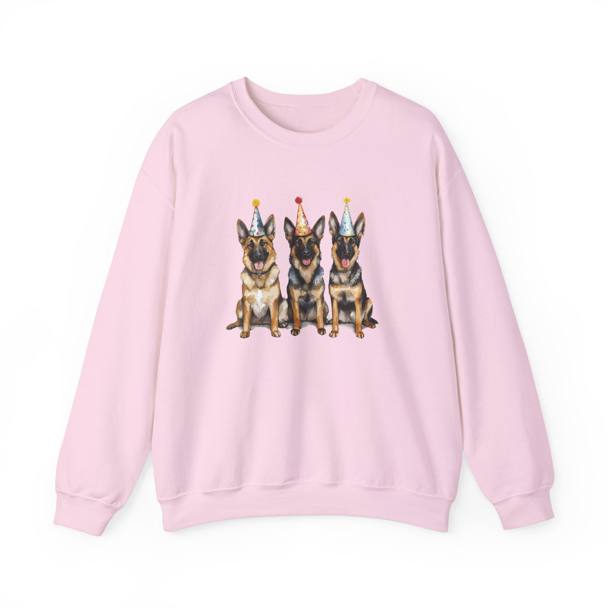 Pink birthday sweatshirt with three German Shepherds in party hats on white background