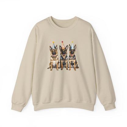 Tan birthday sweatshirt with three German Shepherds in party hats on white background