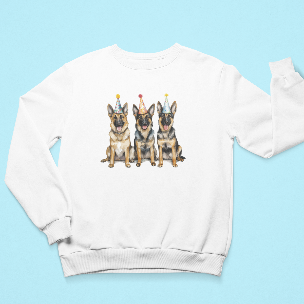 White Party Shepherds birthday sweatshirt with three German Shepherds on blue background