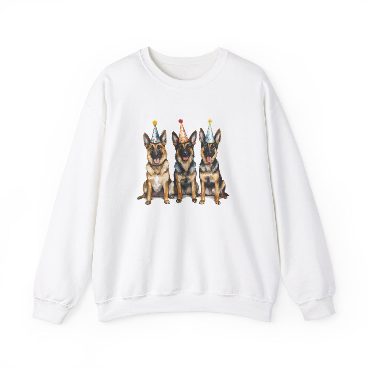 White birthday sweatshirt with three German Shepherds in party hats on white background