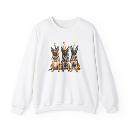 White birthday sweatshirt with three German Shepherds in party hats on white background