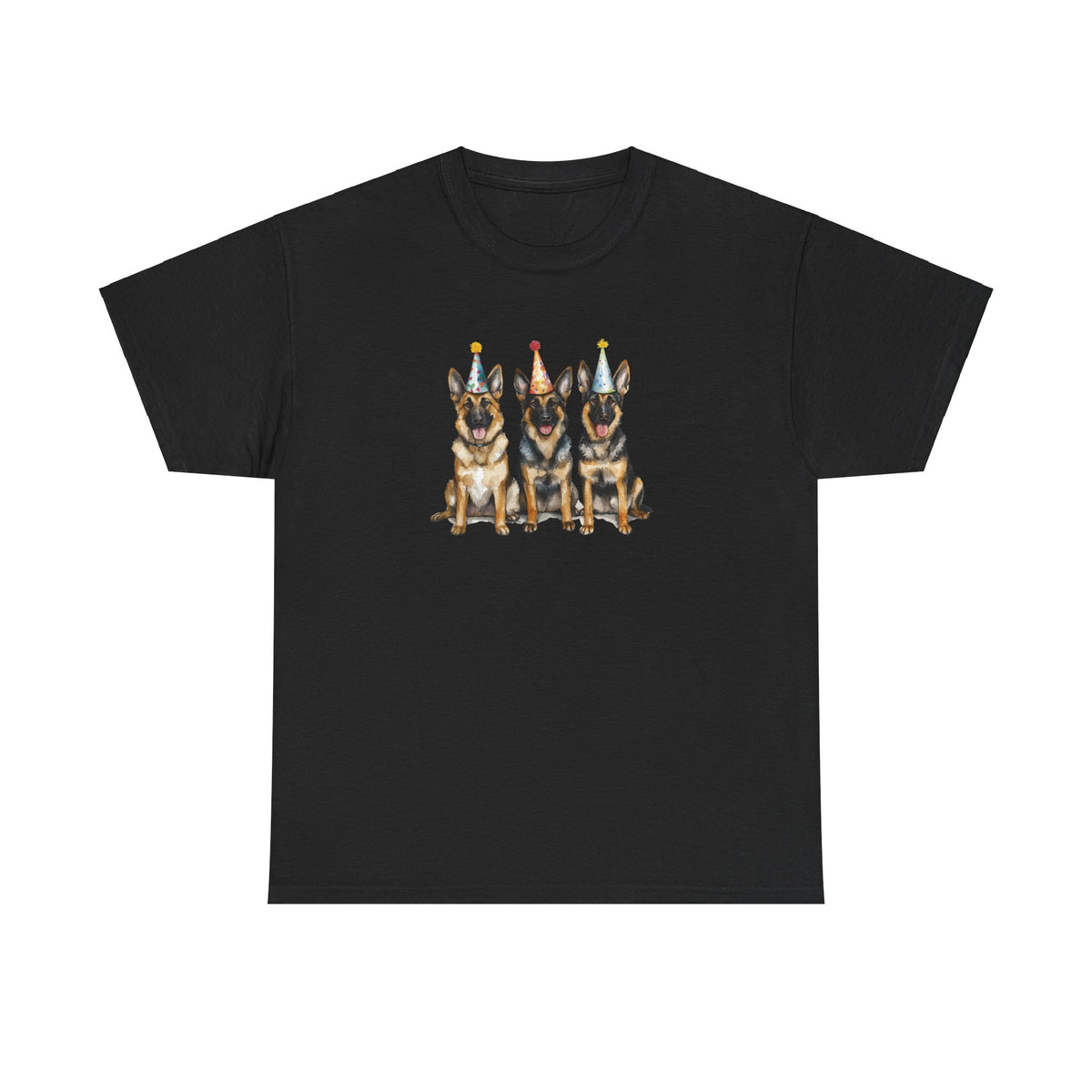 Black birthday t-shirt with three German Shepherds in party hats on white background
