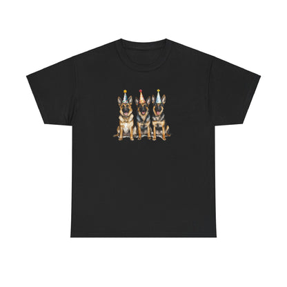 Black birthday t-shirt with three German Shepherds in party hats on white background