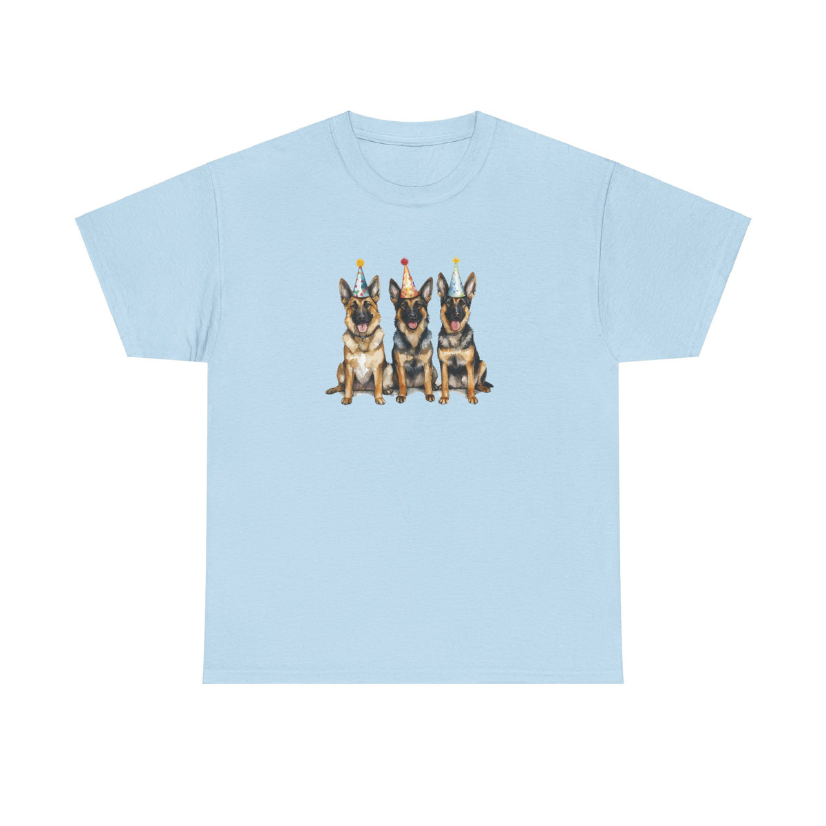 Light blue birthday t-shirt with three German Shepherds in party hats on white background