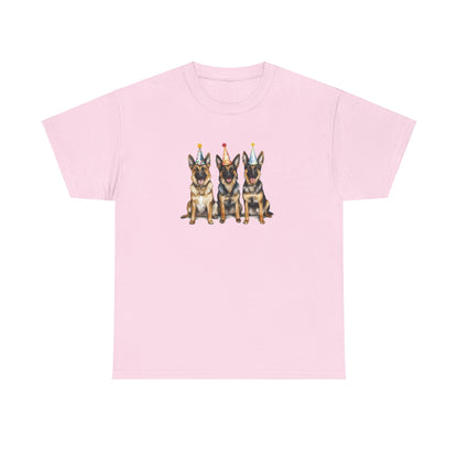 Pink birthday t-shirt with three German Shepherds in party hats on white background