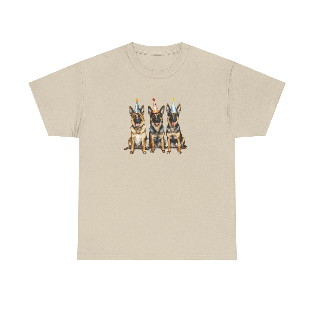 Tan birthday t-shirt with three German Shepherds in party hats on white background