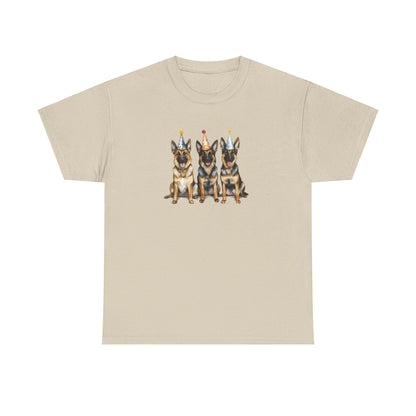 Tan birthday t-shirt with three German Shepherds in party hats on white background