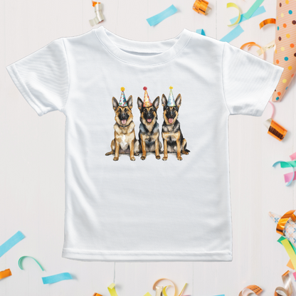 White Party Shepherds birthday t-shirt with three German Shepherds, styled with party decor