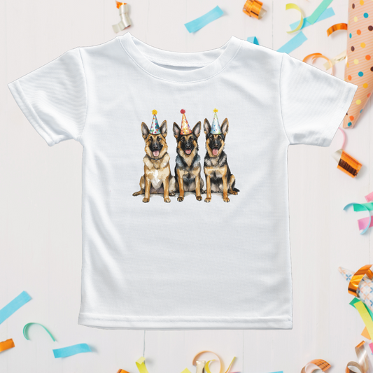 White Party Shepherds birthday t-shirt with three German Shepherds, styled with party decor