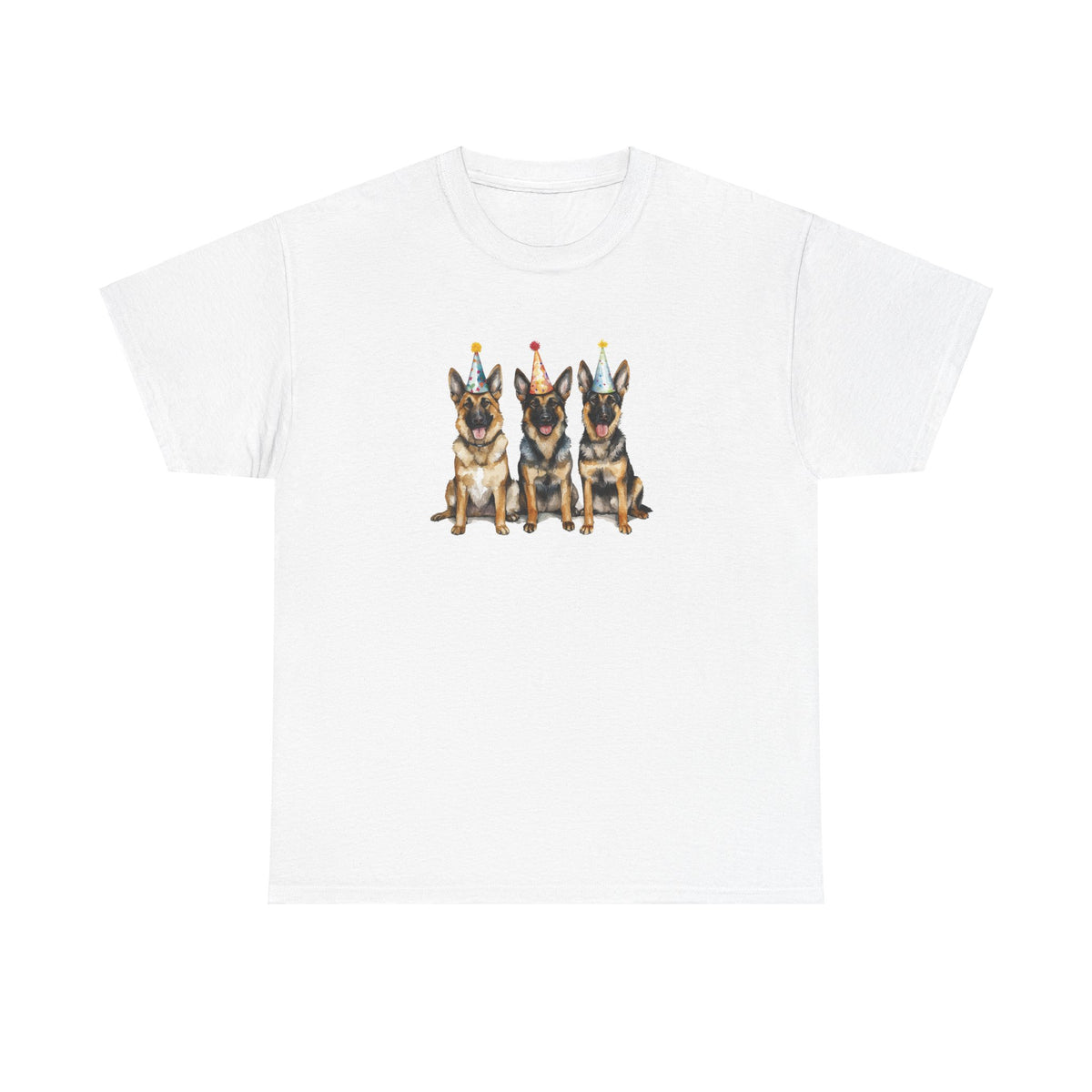 White birthday t-shirt with three German Shepherds in party hats on white background