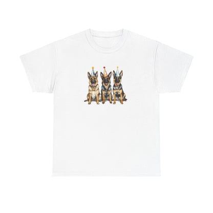 White birthday t-shirt with three German Shepherds in party hats on white background
