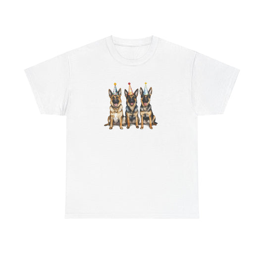 White birthday t-shirt with three German Shepherds in party hats on white background