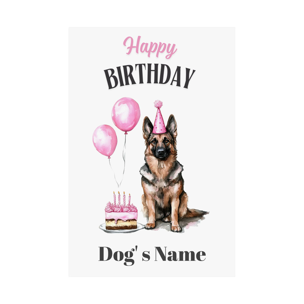 Custom pink German Shepherd birthday poster with name, flat on white background