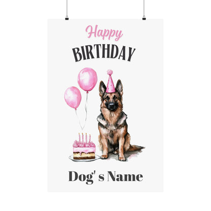 Personalized pink German Shepherd birthday poster shown hanging, string not included