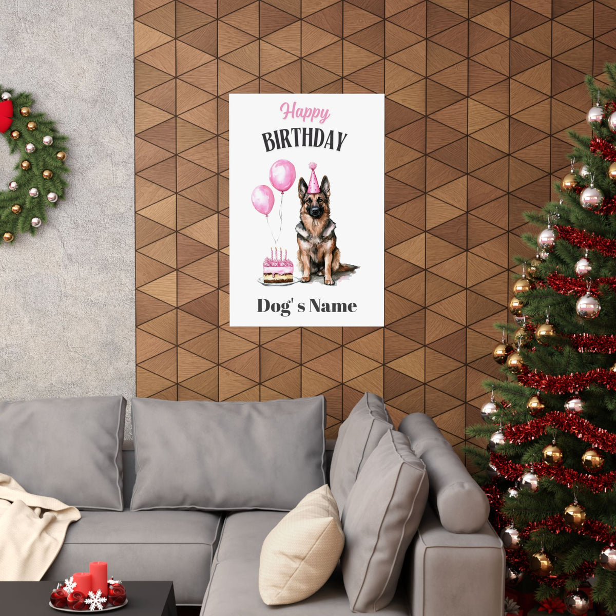Personalized pink German Shepherd birthday poster displayed on living room wall
