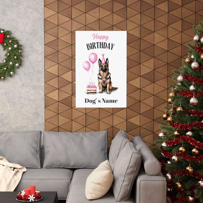 Personalized pink German Shepherd birthday poster displayed on living room wall