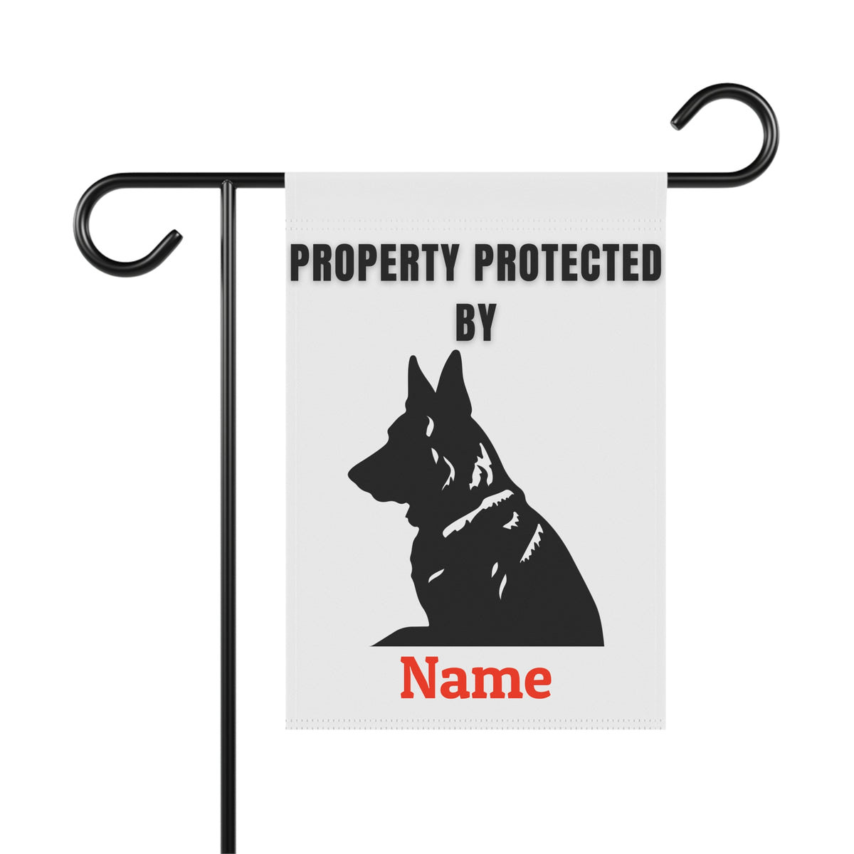 Personalized Property Protected By German Shepherd garden banner shown on stand, stand not included
